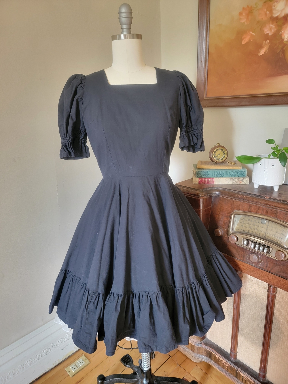 Vintage 1950's Black Cotton Swing Dress Puff Sleeve Medium